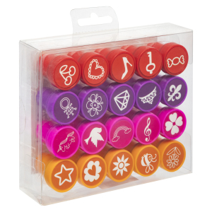 20 st stämplar i olika färger (röd, lila, rosa, orange)
